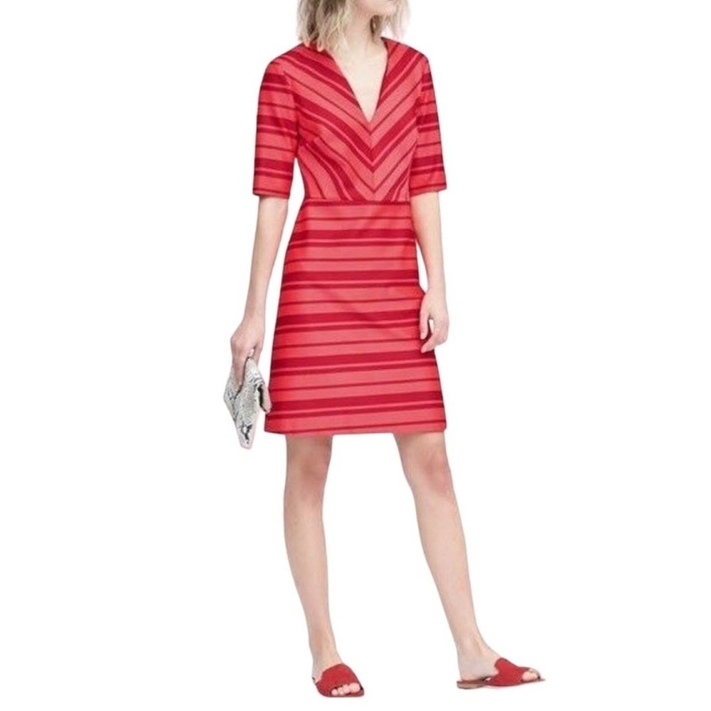 Banana Republic Dress Womens 0 Red Pink Striped A Line Back Zip Valentines Day